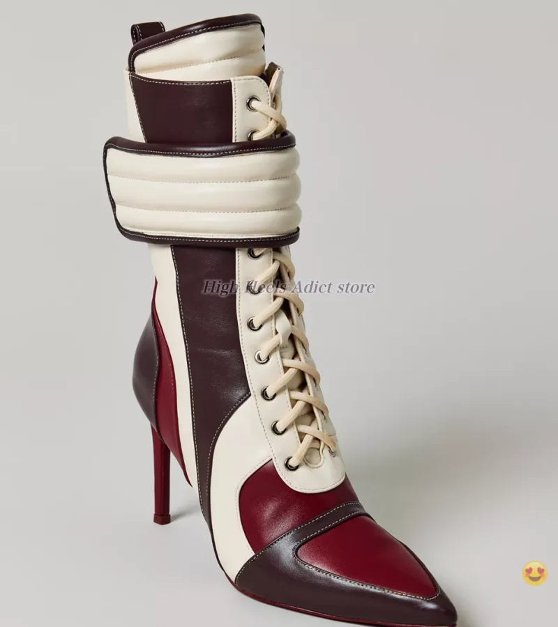 Stiletto Pointy Toe Lace Up Leather Midcalf Boots For Women