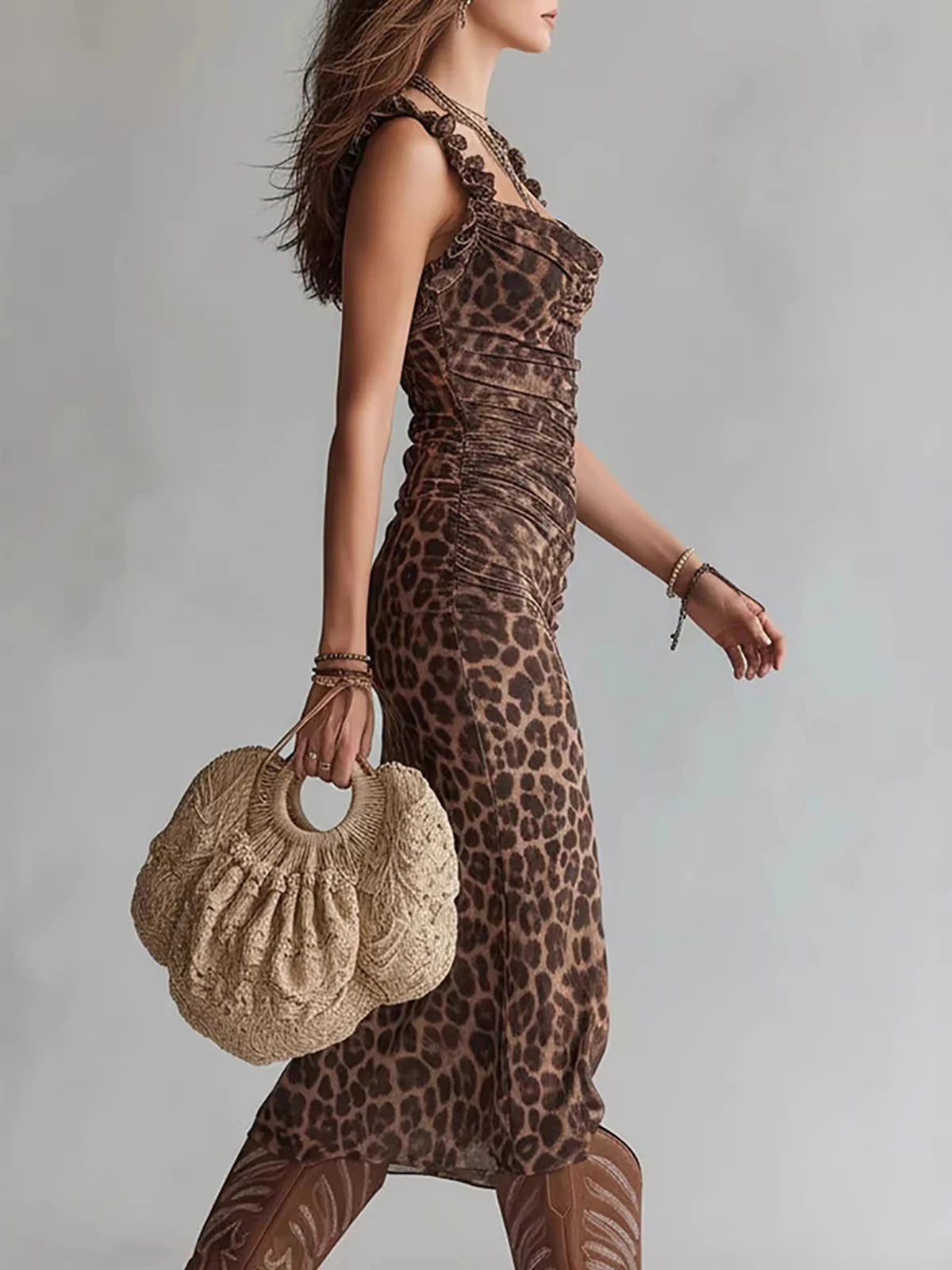Spaghetti Strap Leopard Print Ruched Midi Dress for Women