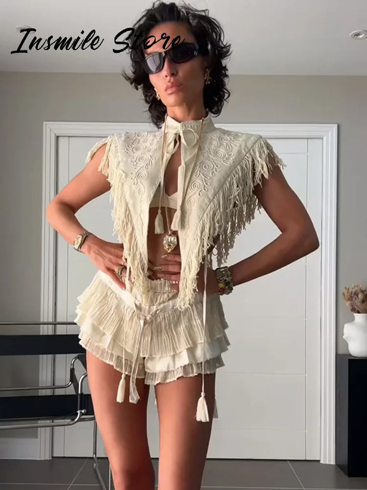 Soft Textured Embroidered Tassel Fringe Shawl For Women