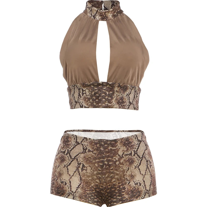 Snake Print Halter Crop Top And Shorts Set for Women