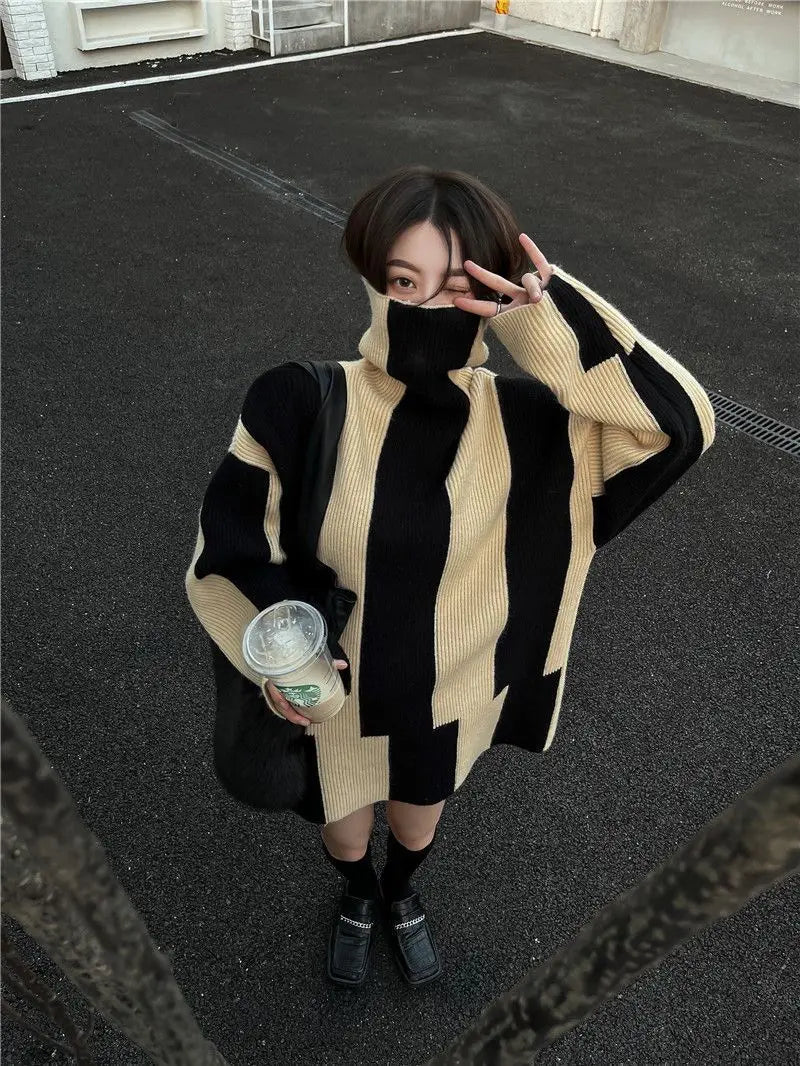 Relaxed Fit Striped Turtleneck Knit Sweater for Women