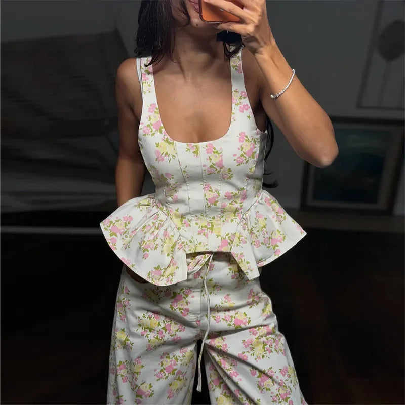 Urban Printed Vest and Wide Leg Pants Two Piece Set for Women
