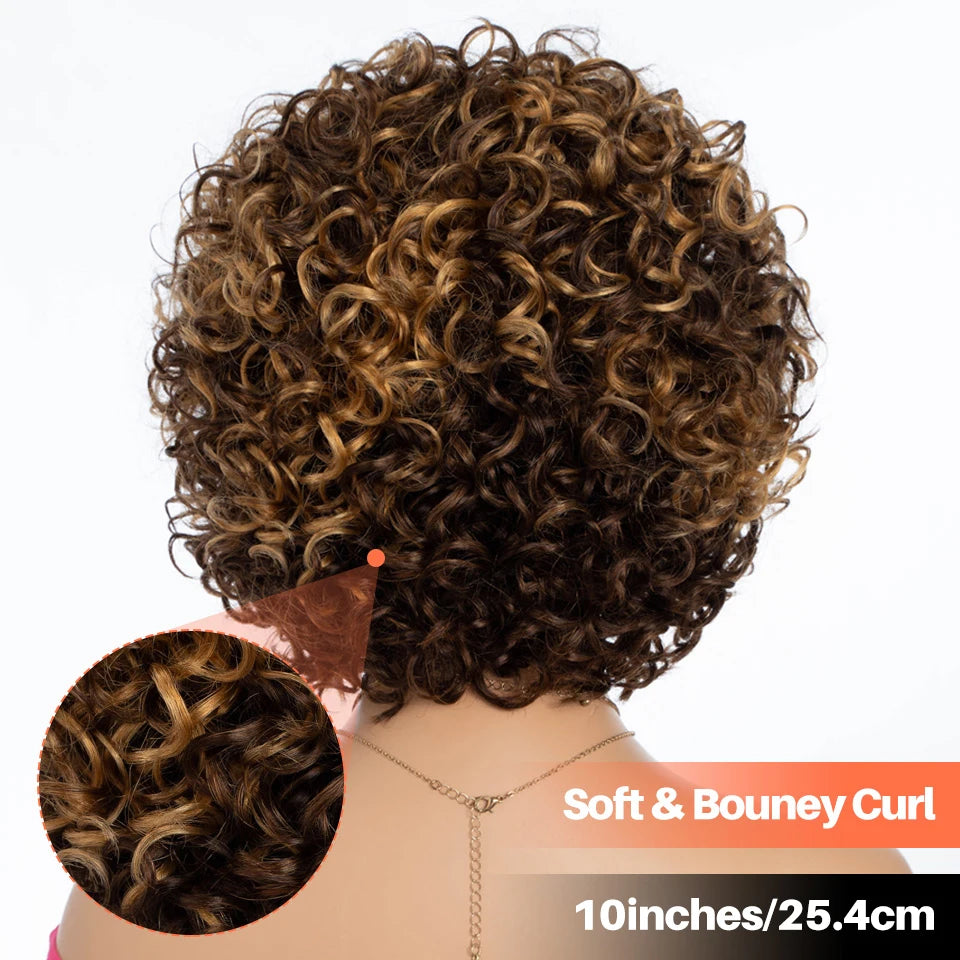 Short Kinky Curly Wig With Bangs And Mixed Highlights For Women