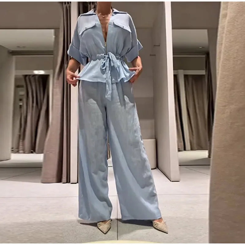 Casual Solid Chic Coat And Wide Leg Trouser Set for Women