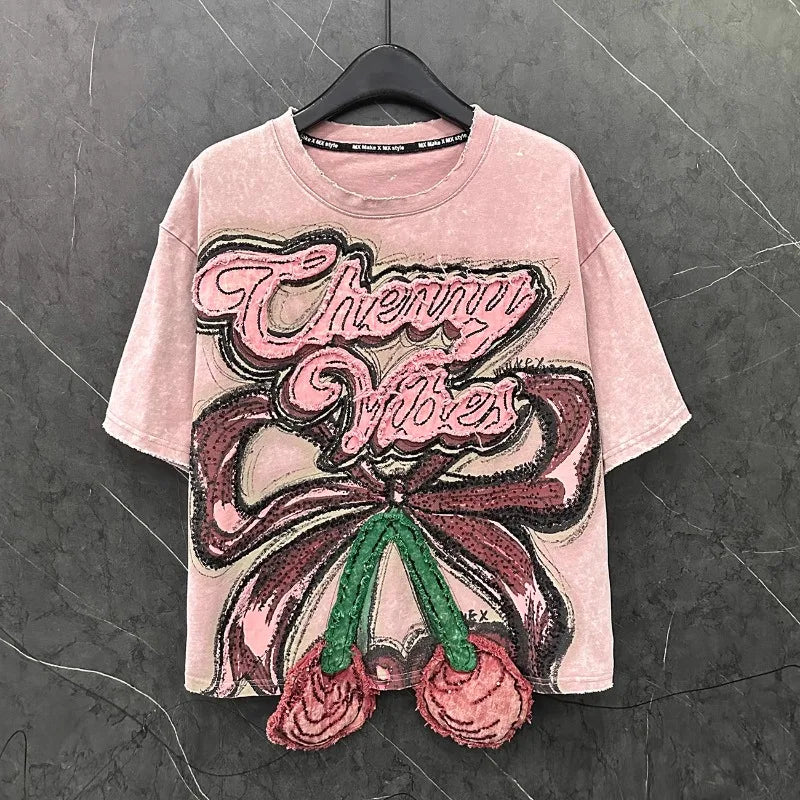 Design Sense 3D Fruit Short-sleeved T-shirt Women's Loose Casual Versatile Crew Neck Top 2025 Summer New Kawaii Tshirts Pullover