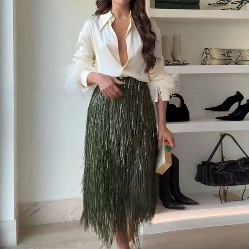 Fashion Lapel Button Shirt & Fringed Skirt Set Women Casual Long Sleeve Party Skirt Outfits Elegant Sequined Long Skirt 2Pc Suit