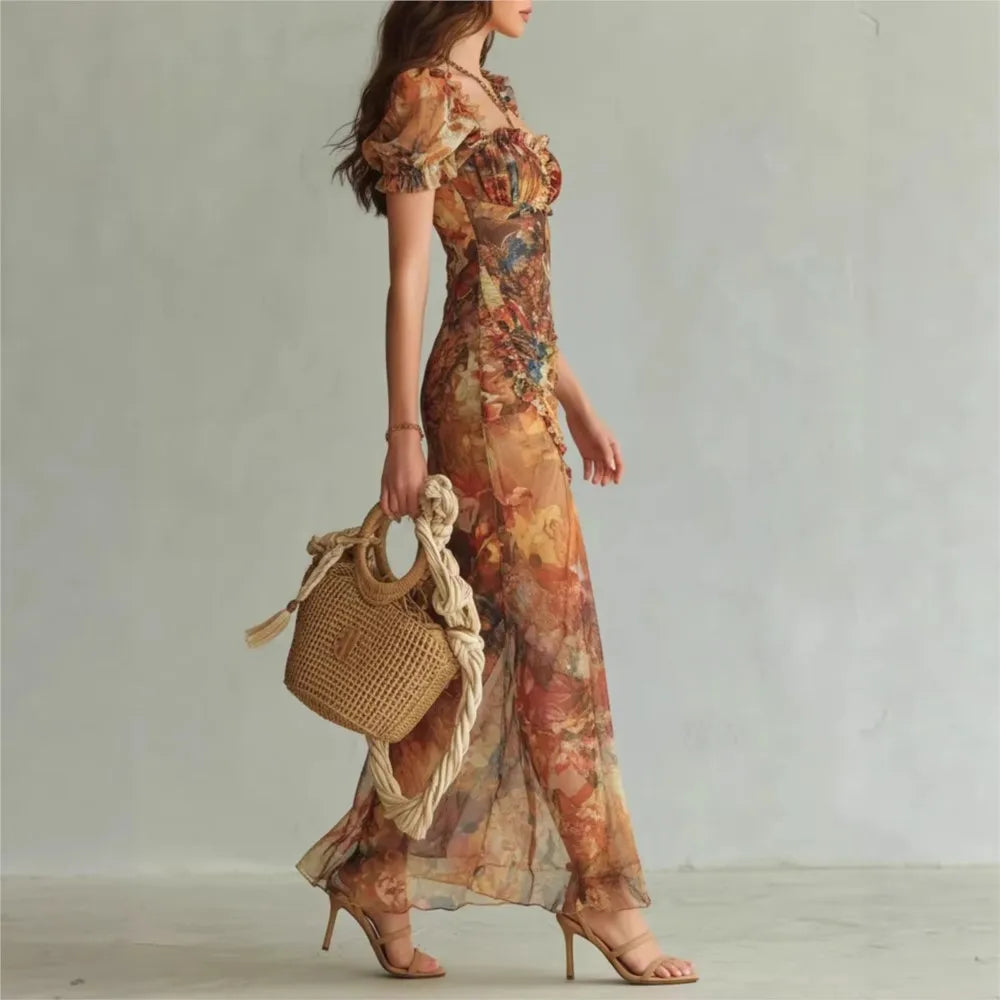 Elegant Lace Print Square Neck Tube Dress for Women