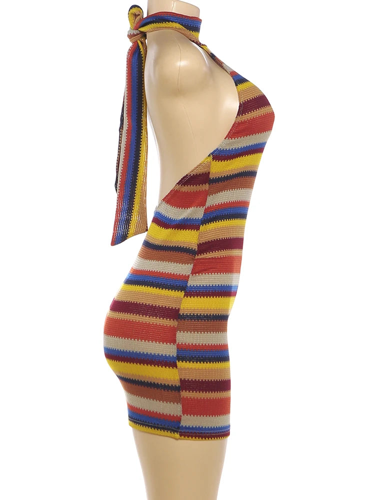 Patchwork Stripe Bodycon Halter Backless Mini Dress for Women