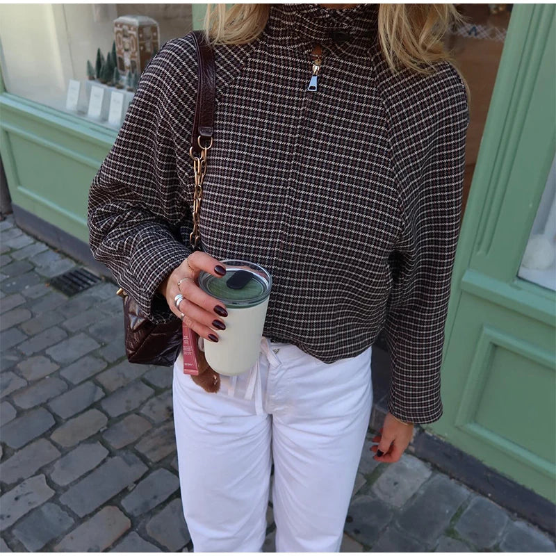 Vintage Plaid Women 's Jacket Elegant Lapel Patchwork Full Sleeve Zipper Cropped Jackets Lady 2026 Woman Spring Coats Outwears