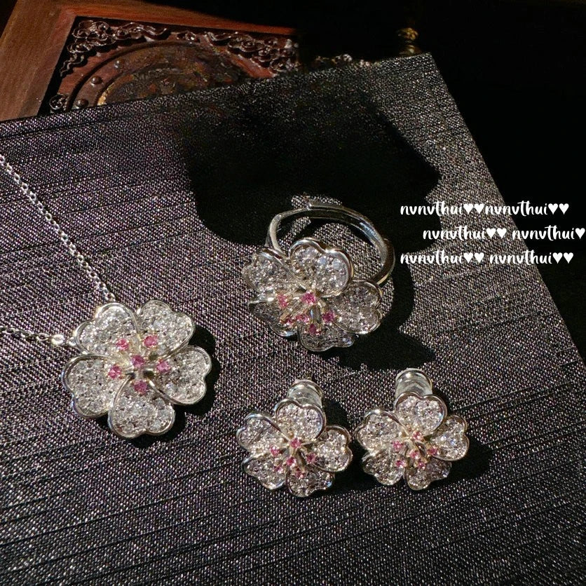 Cherry Blossom Zircon Jewelry Set With Ring Necklace And Earrings for Women