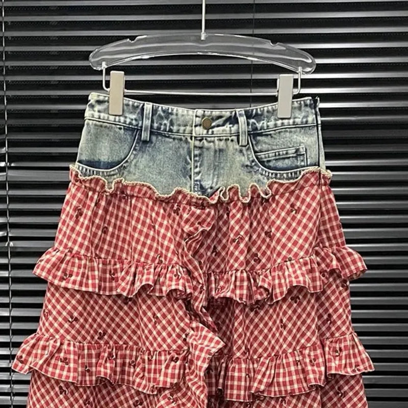 ANJY Spring Summer New Women Fashion Vintage Plaid Patchwork Denim Multi-layered Skirt Sweet Drawstring Short Sleeve Tops A24530