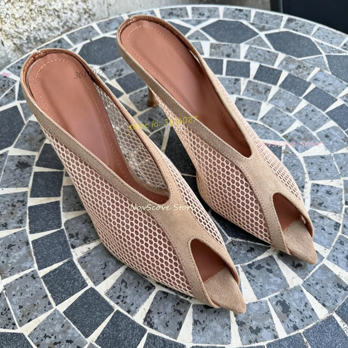 Elegant Patchwork Mesh Peep Toe Stiletto Mules For Women