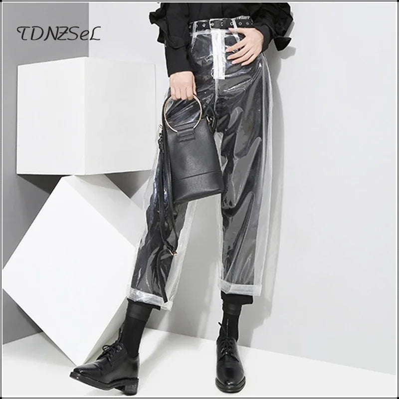 Transparent Loose PVC Straight Pants With Elastic Waist For Women