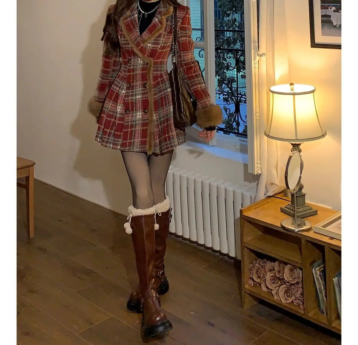 Women's Double Breasted Plaid Coat, Woolen Jacket , V-Neck, Loose Tops, Female Clothes, Sweet, New, Autumn, Winter