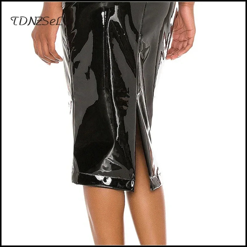High Waisted Split Faux Leather Midi Pencil Skirt For Women