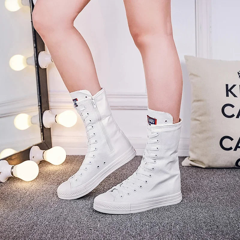 Casual Lace-Up Canvas Mid-Calf Flat Boots for Women