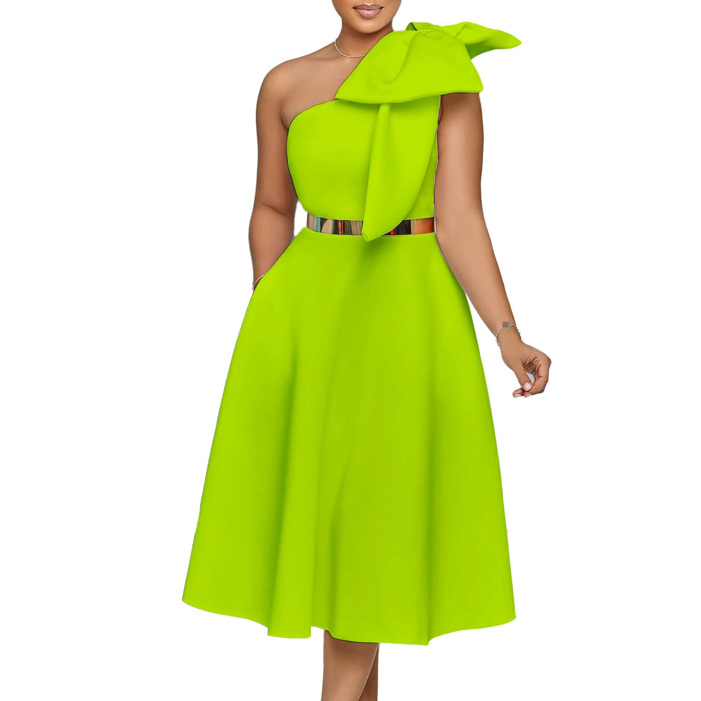 Dress One Shoulder A Line Pleated Knee Length Sleeveless Bow Belt Elegant Party Style
