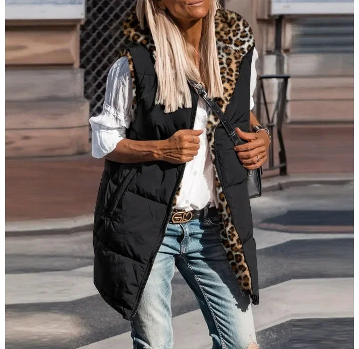 Zip Up Jacket Women VestSleeveless Latest Leopard Pattern Hoodie Pockets Long Warm Winter Coat Streetwear 2025 Autumn Winter