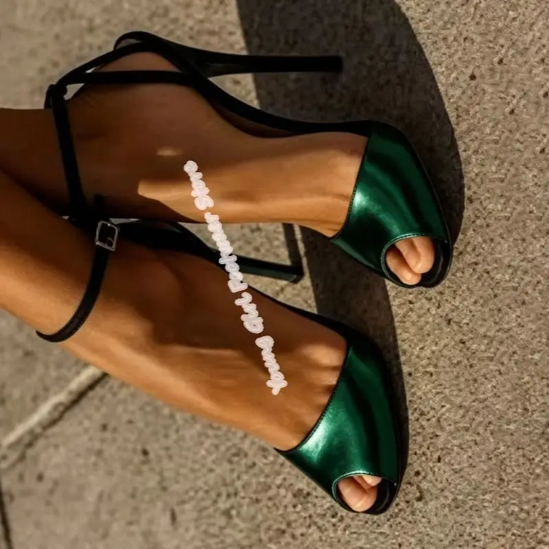 Golden T Strap Open Toe Stiletto Heels With Ankle Buckle For Women