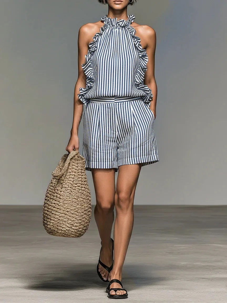 Striped Sleeveless Tee Top and Shorts Set for Women