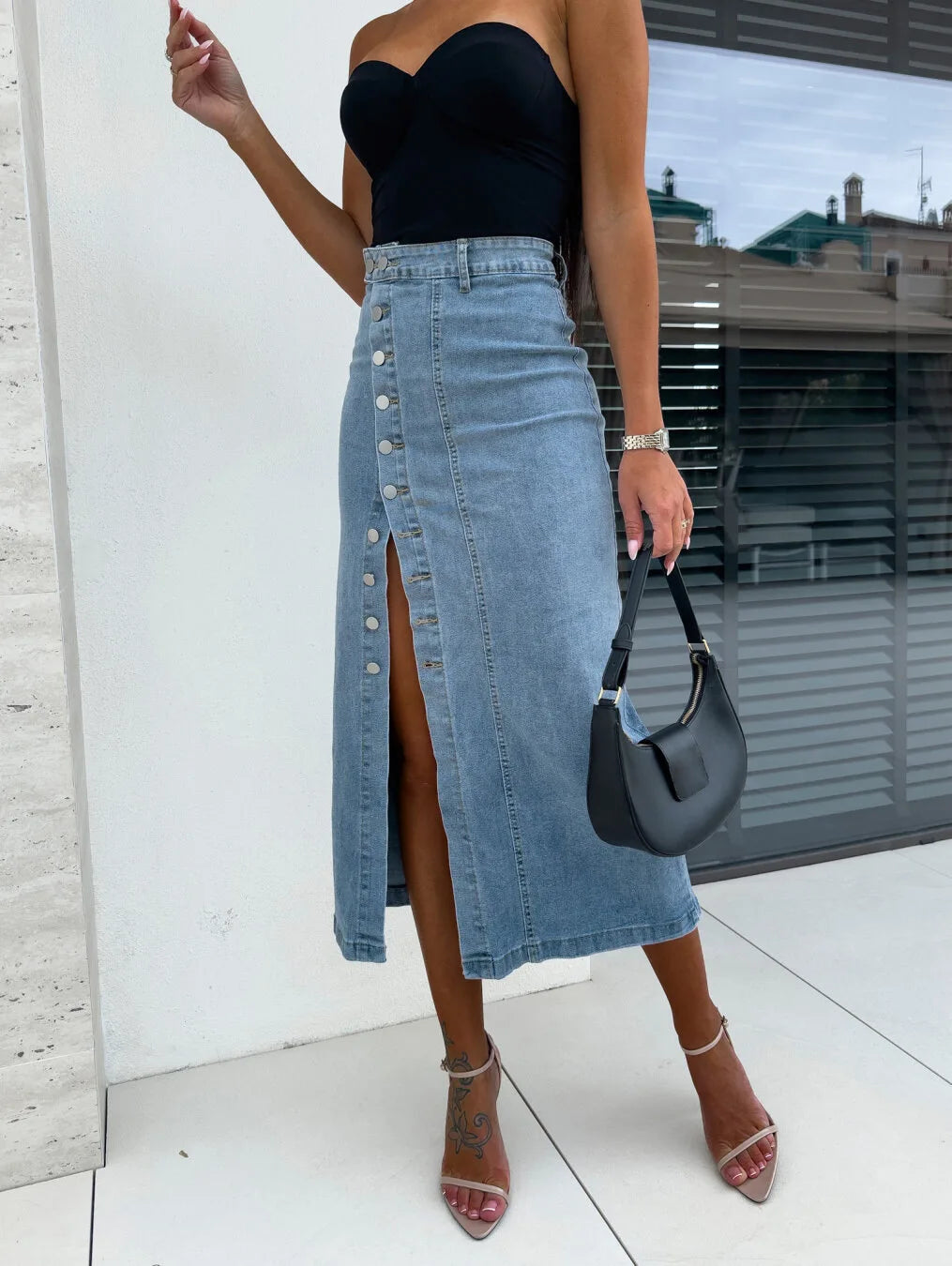 High Waist Retro Button Denim Skirt With Slit for Women