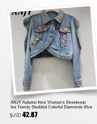 ANJY Autumn New Women Ins Shirt Studded Diamonds Distressed Denim Coat Pockets Single Breasted Elegant Vintage Casual Tops A9973