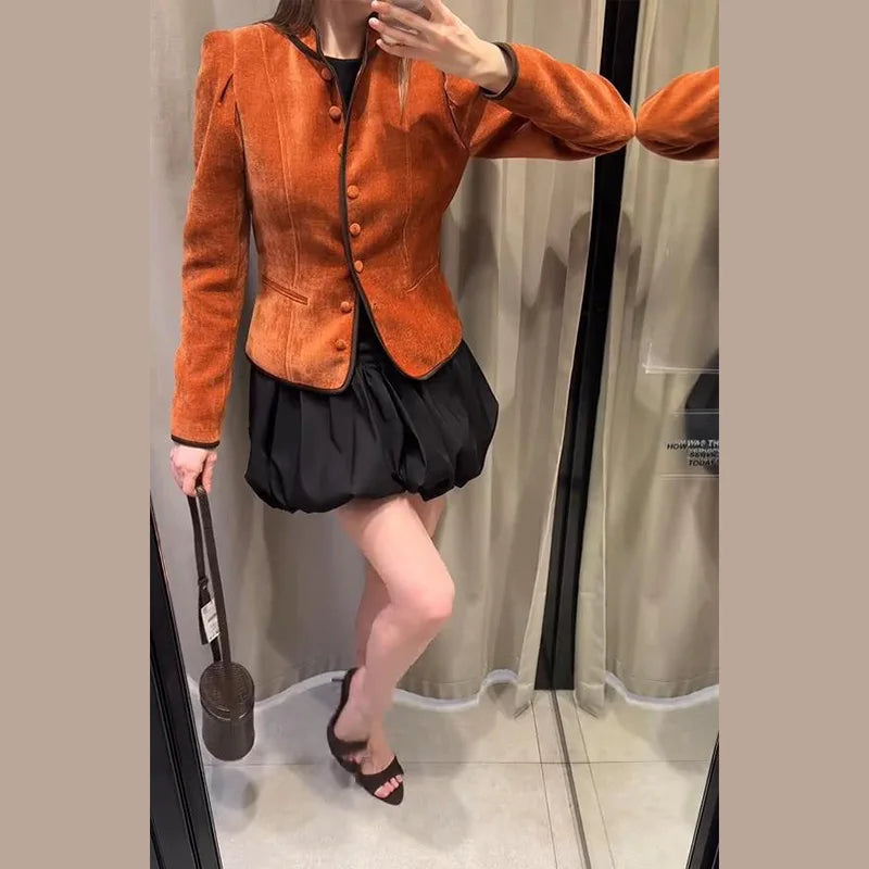 Slim Stand Collar Single-Breasted Short Jacket for Women