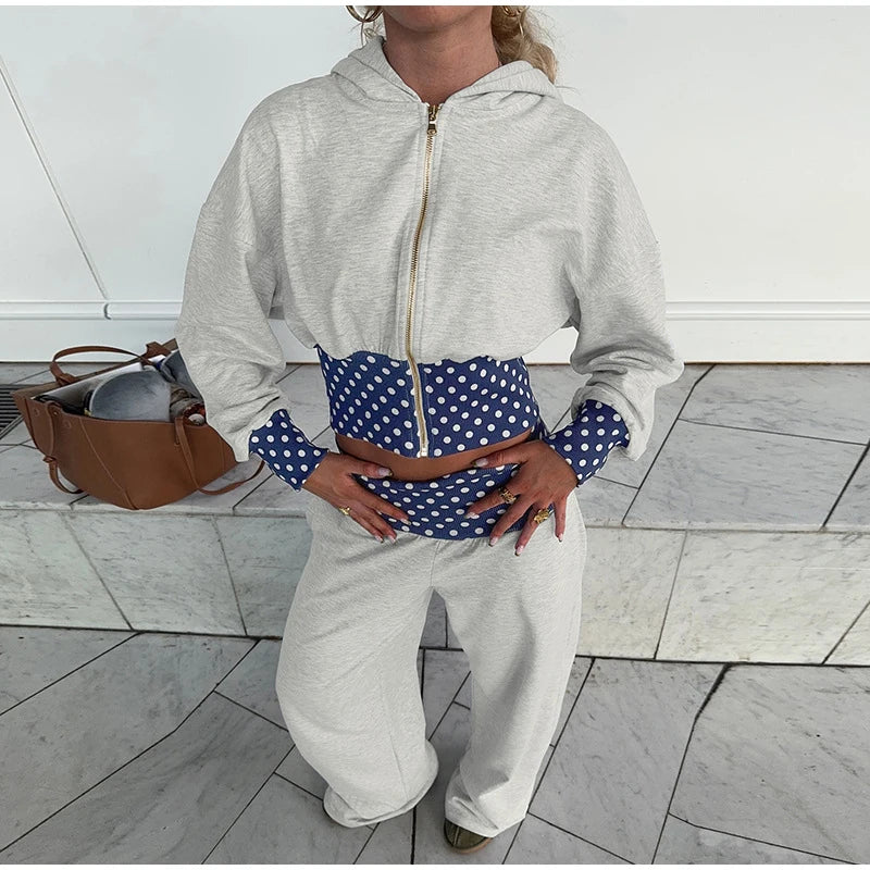 Polka Dot Hooded Zipper Crop Top And Wide Leg Pants For Women