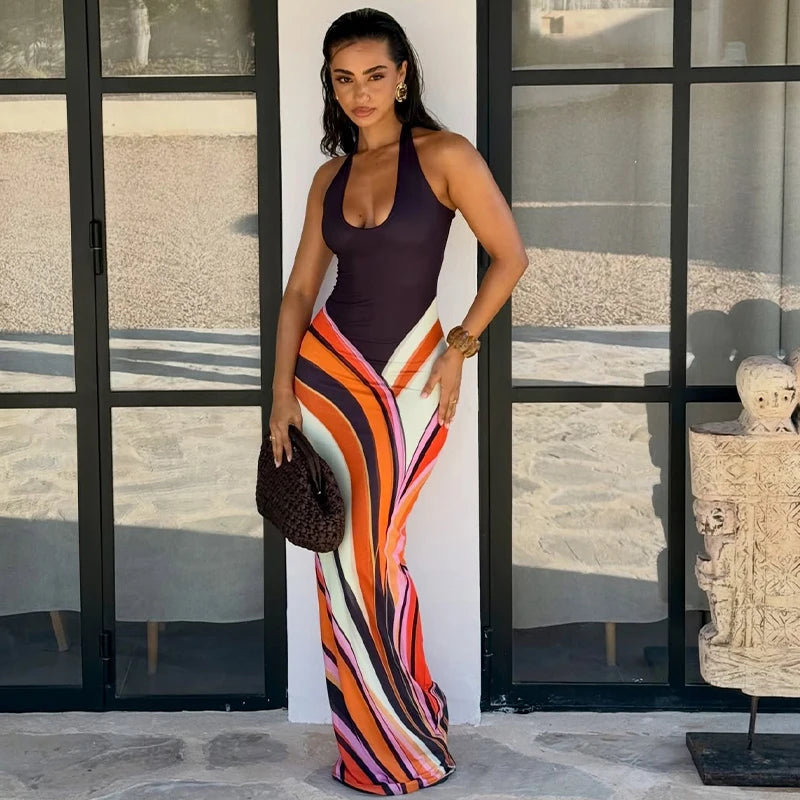 Color Block Sleeveless Backless Square Neck Maxi Dress For Women