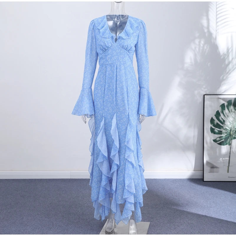 Printed V Neck Ruffle Sleeve Mid Calf Dress for Women