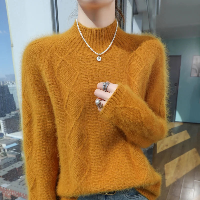 Floral Jacquard Long Sleeve High Neck Knit Sweater for Women