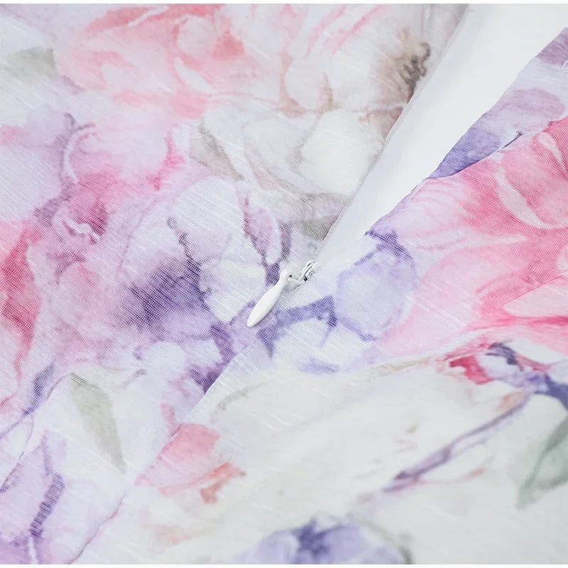 Trendy Floral Print Flare Sleeve V Neck Mini Dress Elegant High Waist Pleated Woman Vestidos 2025 New Autumn Evening Party Gown