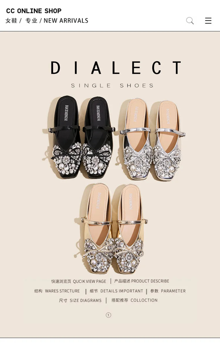 Pearl Bow Embellished Square Toe Flat Shoes For Women