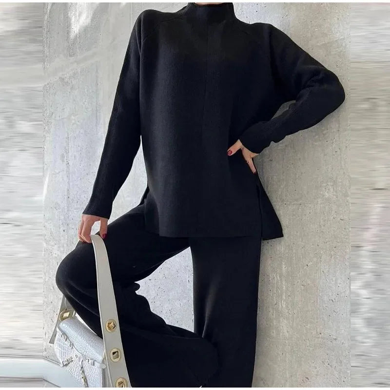 Solid Turtleneck Sweatshirt Set With Wide Leg Pants for Women