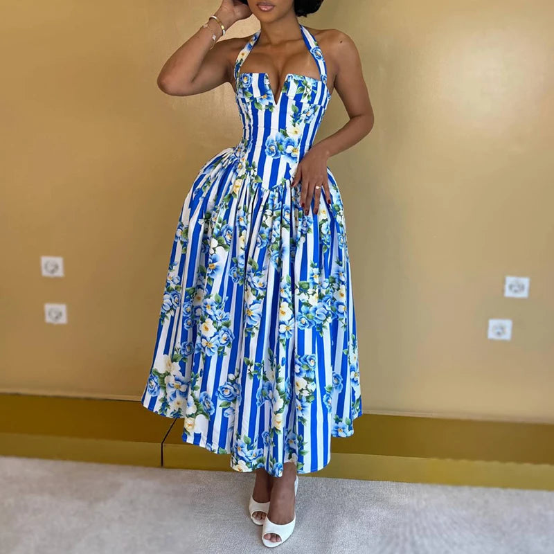Women Elegant Backless Waist Vacation Dresses Sweet Style Floral Print Formal Party Dress Sexy Halter Sleeveless Bohe Long Dress