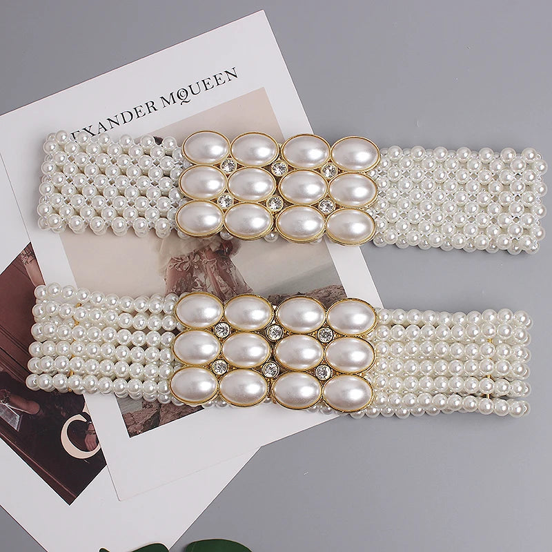 Pearl Embellished Elastic Waist Chain Belt for Women