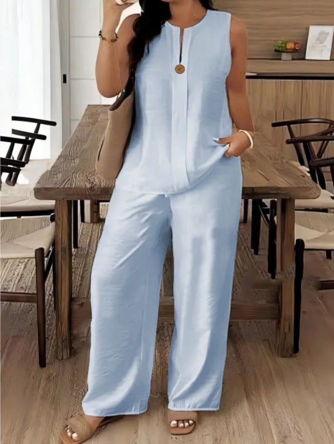 Vintage Button Tank Top and Elastic Waist Pants Set for Women