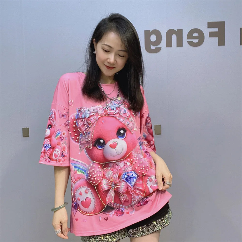 Cartoon Bear Heavy Industry Bead Crew Neck Short Sleeve T-Shirt Summer Printed Fashion Half Sleeve Top Women's Clothing
