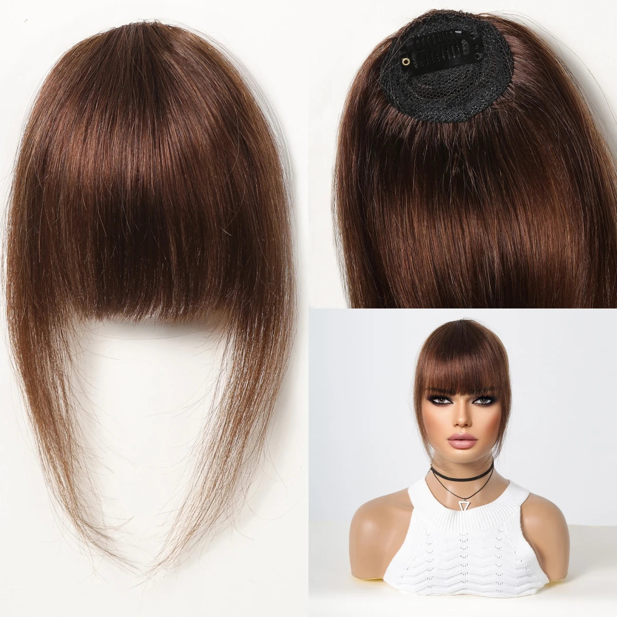 Natural Brown Remy Hair Clip In Bangs With Temples For Women