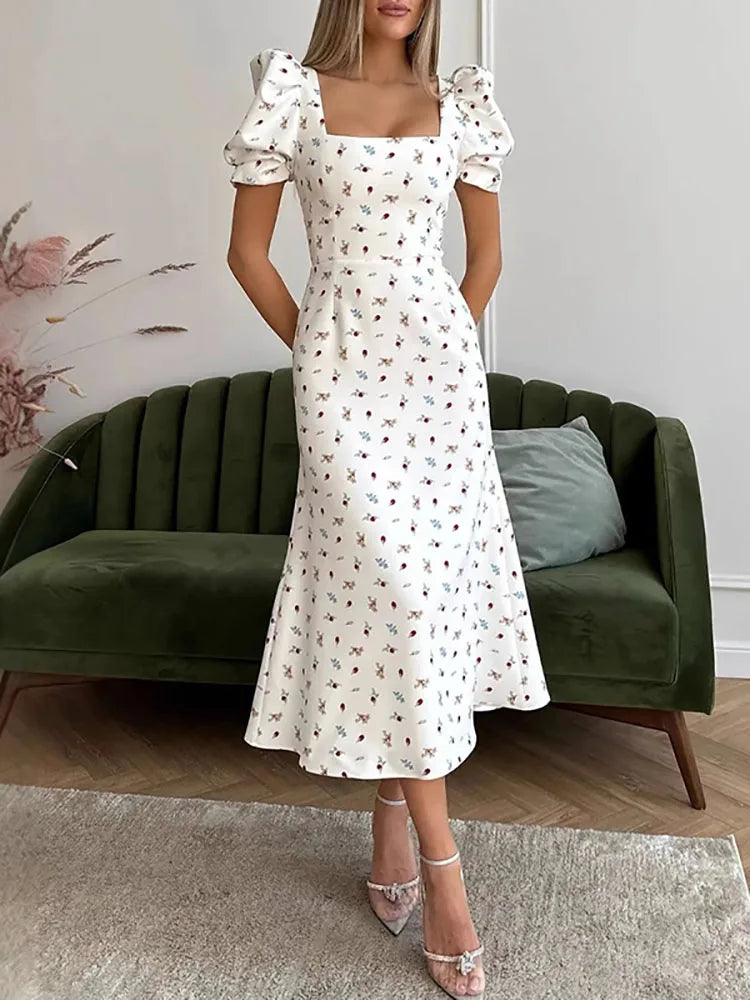 Elegant Fresh Slim Holiday Party Dress Casual Square Neck Puff Sleeve Long Dress Women Fashion Floral Print Waist Mermaid Dress