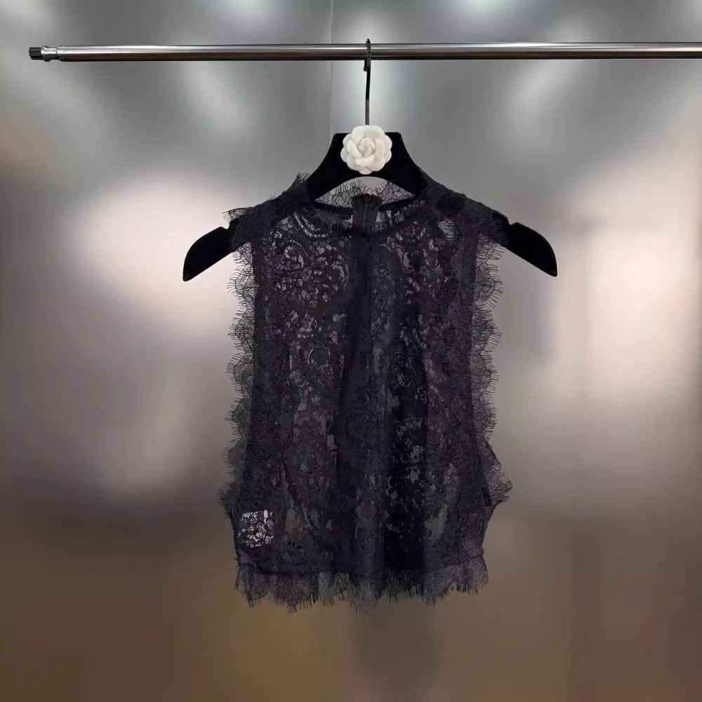 VGH Basics Vintage Spliced Zipper Sheer Vest for Women O Neck Sleeveless Slimming Spliced Lace Edge Temperament Tank Tops Female