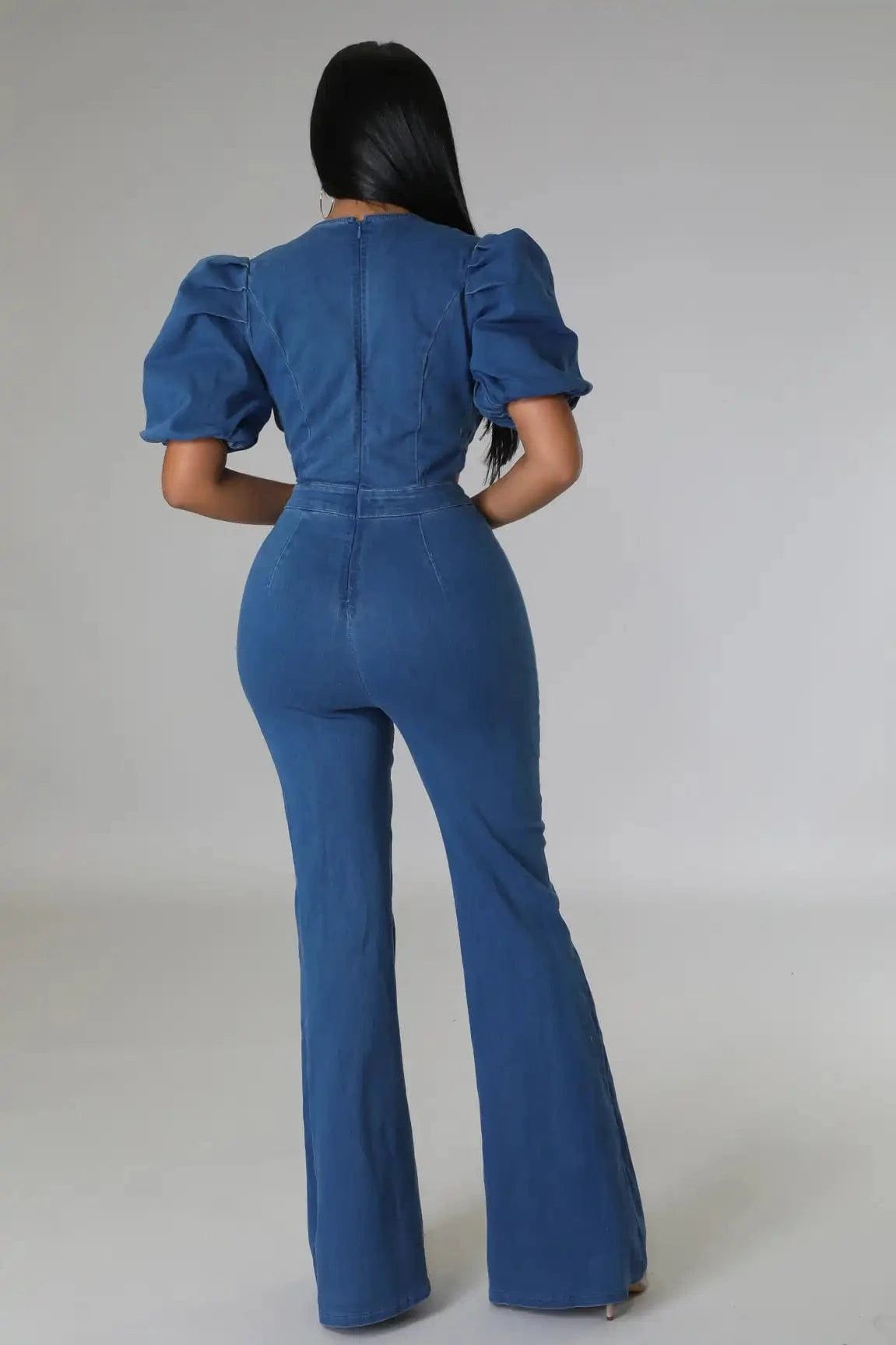 Wide Leg Denim Jumpsuit Sexy Women V-neck Elegant Blue Hollow Out Jeans Casual Romper Overalls