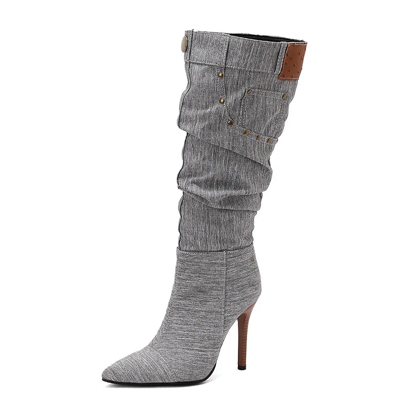 Fashion Knee High Pointed Pleated Denim Boots With Stiletto Heels For Women