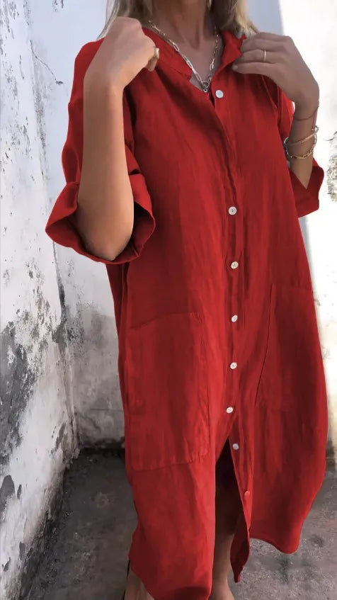 Loose Mid Calf Single Breasted Shirt Dress With Pockets For Women
