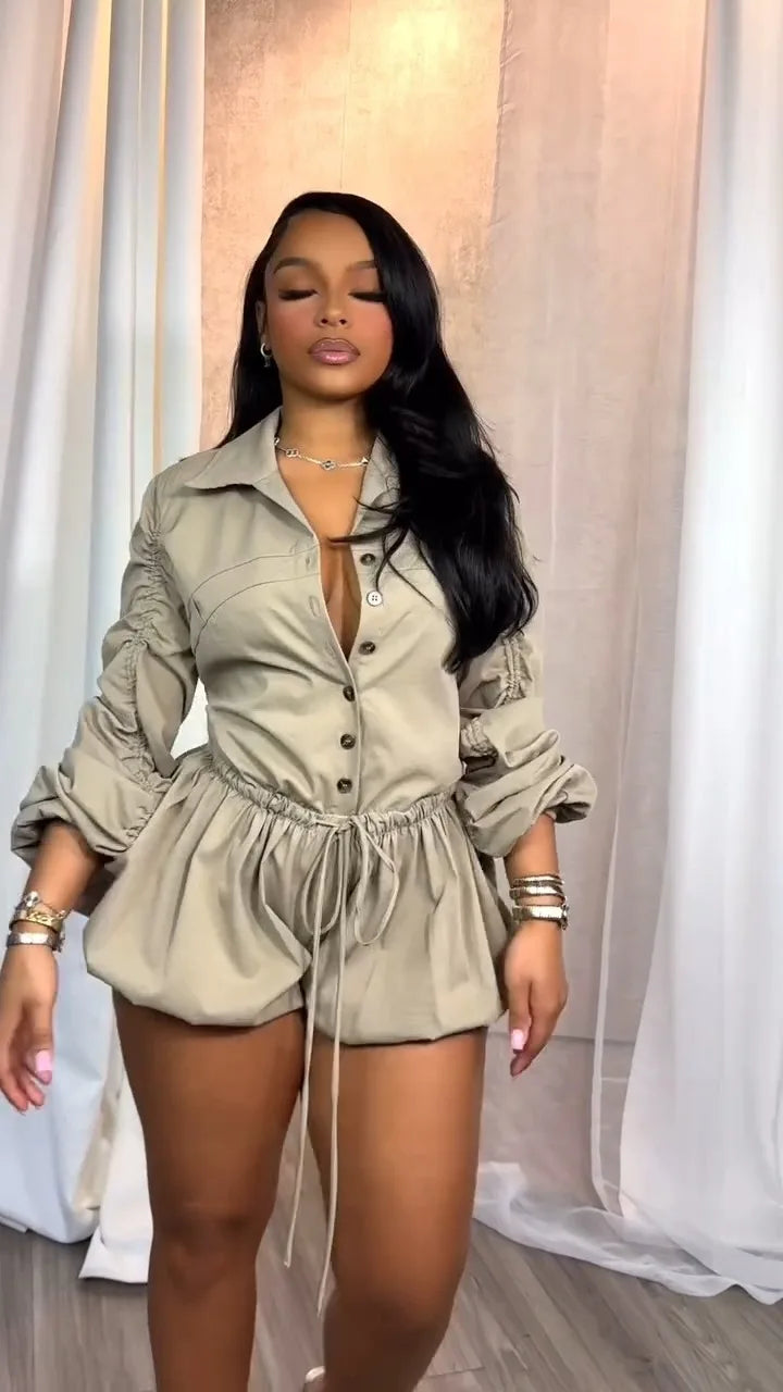 Elegant Ruched Drawstring Lantern Sleeve Romper for Women