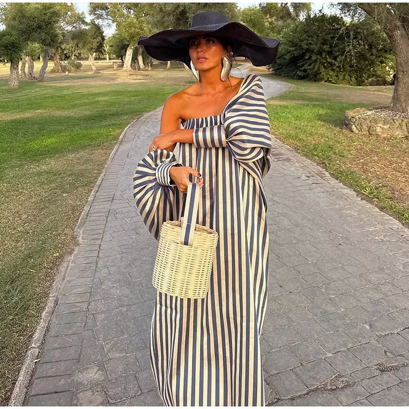 Striped Strapless Maxi Dress Set With Detachable Shawl for Women