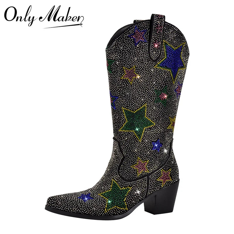 Rhinestone Lace Up Mid Calf Western Boots for Women