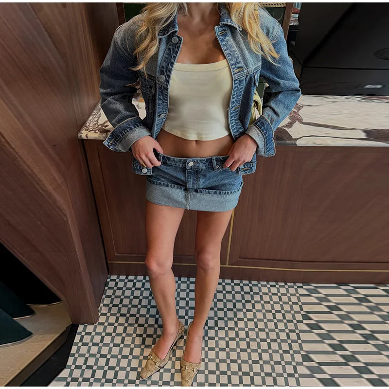 High Waisted Acid Wash Denim Two Piece Set For Women