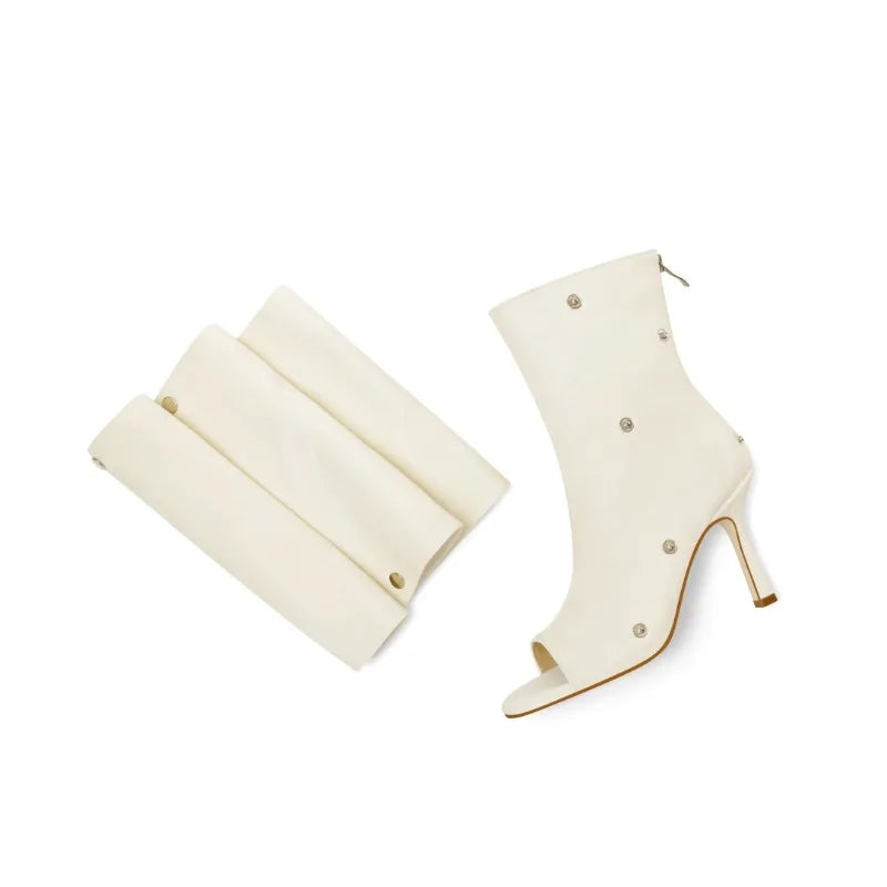 Mid-Calf Open Toe High Heel Pleated Boots for Women