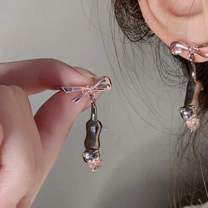 Silver Tone Cat Stud Earrings